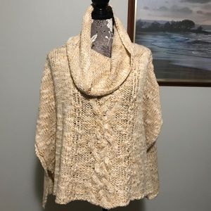 Free People Tan Wool Cable Knit Cowl Neck Poncho